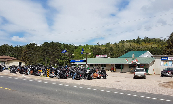  Group of motorcycles in front of restaurant